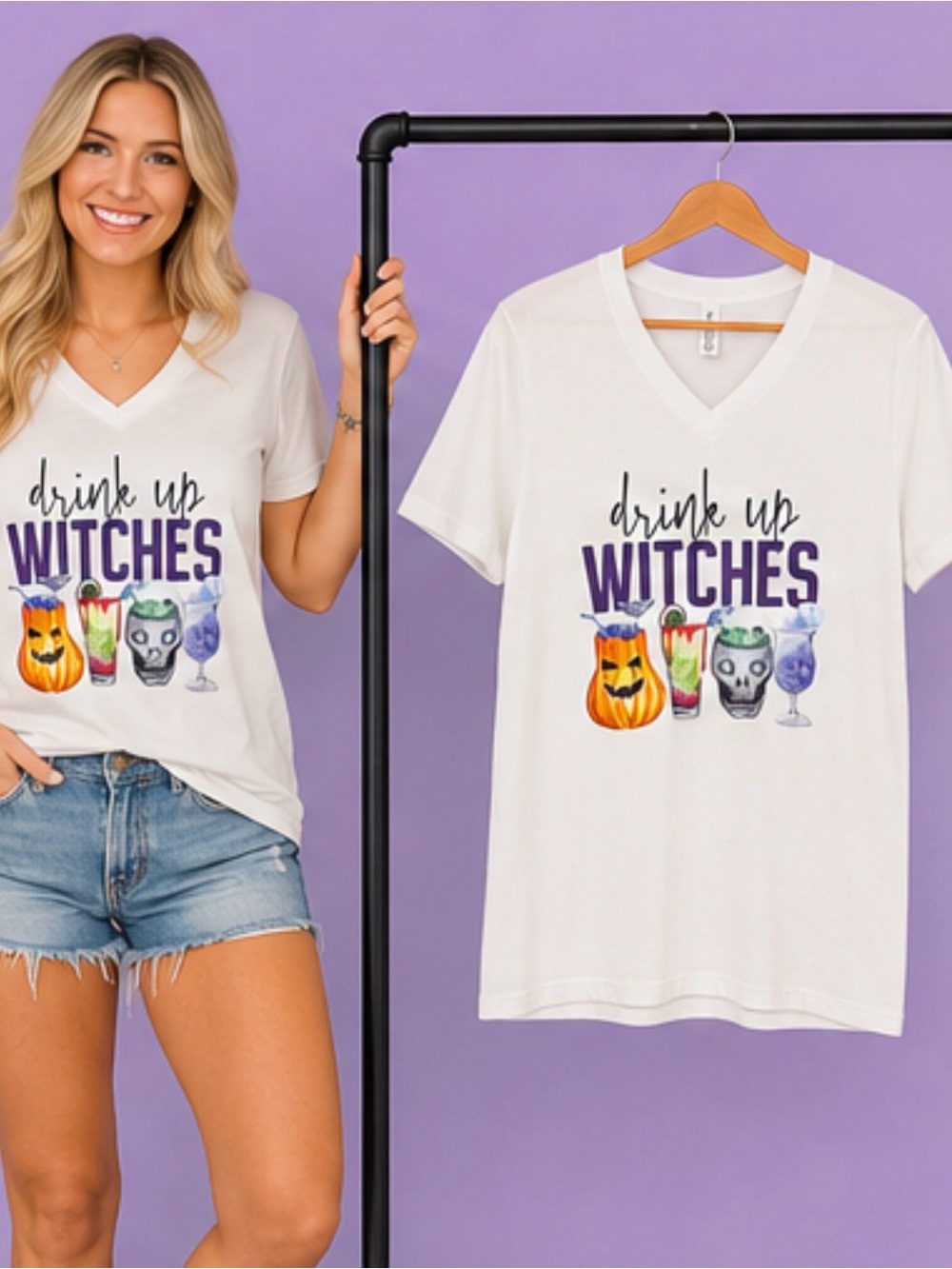 Bella Canvas White 'Drink Up Witches' V‑Neck Tee with DTF Graphic size Large